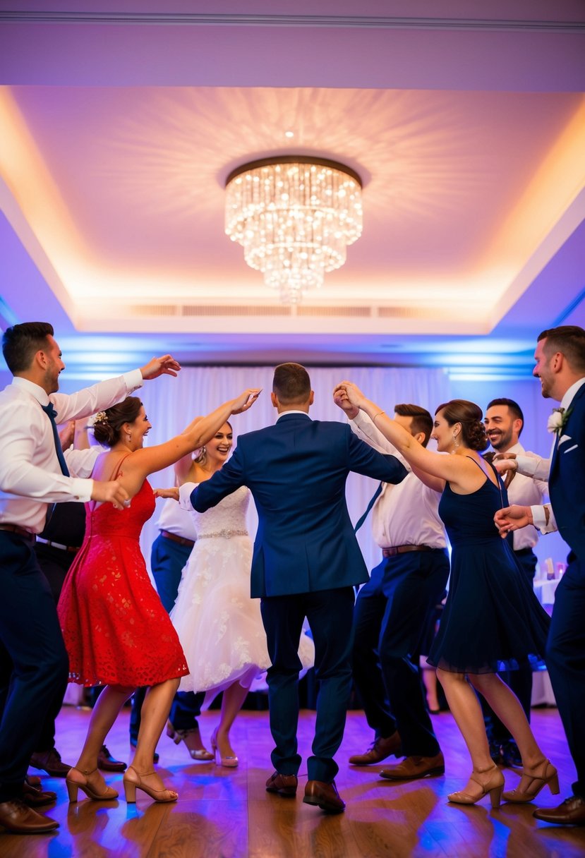 A group of friends gather on the dance floor, forming a circle and dancing in unison to surprise the bride and groom at their wedding reception