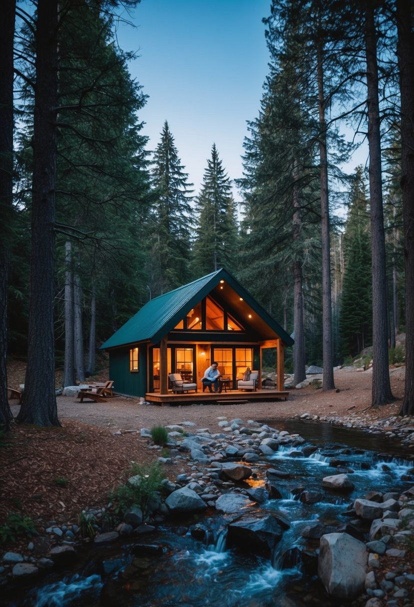 A quaint cabin nestled in a serene forest, surrounded by tall trees and a bubbling creek. A warm fire crackles inside, while a couple enjoys a peaceful weekend getaway