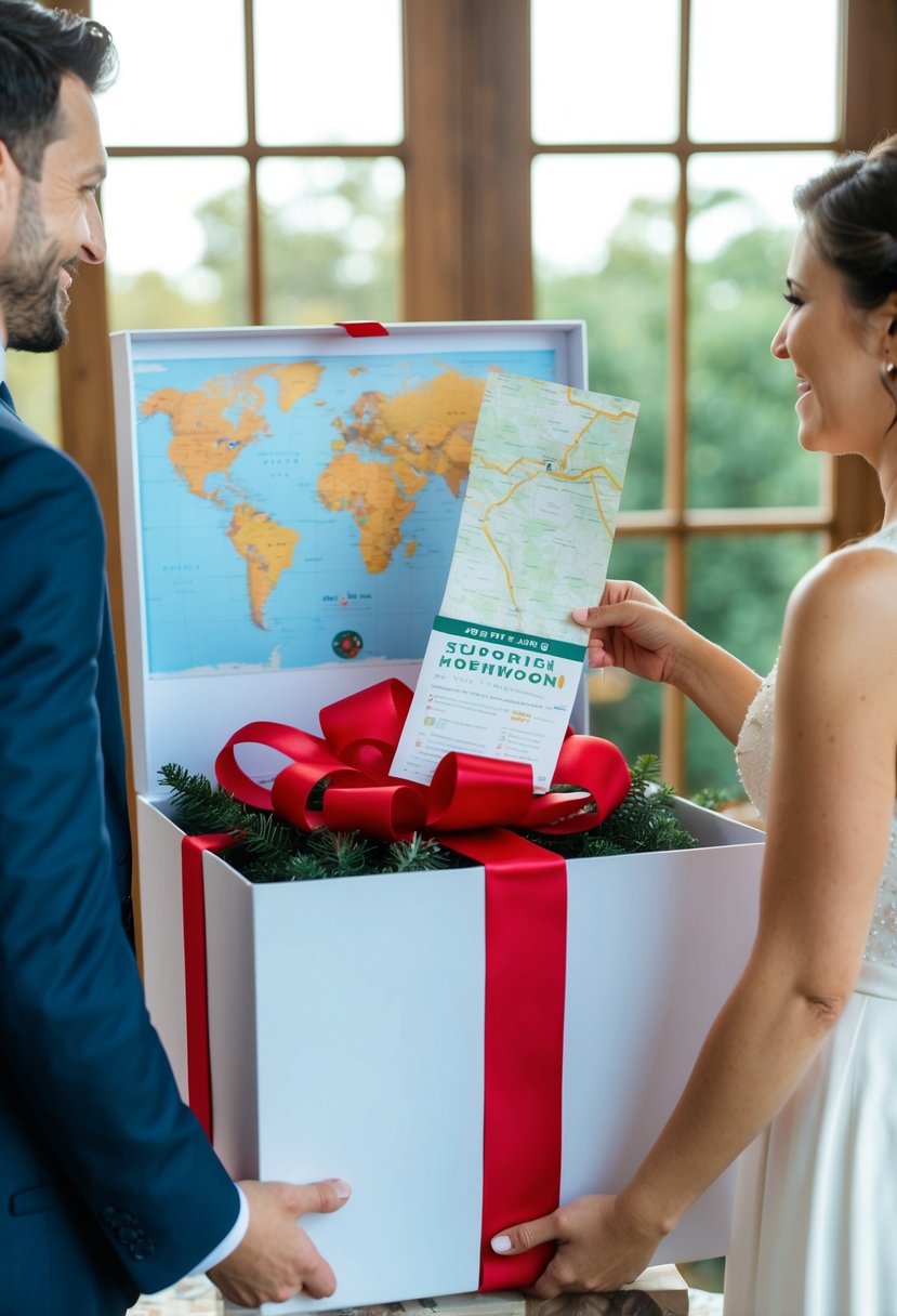 A couple opens a large gift box to find a map, tickets, and a note revealing a surprise honeymoon from their friends' wedding