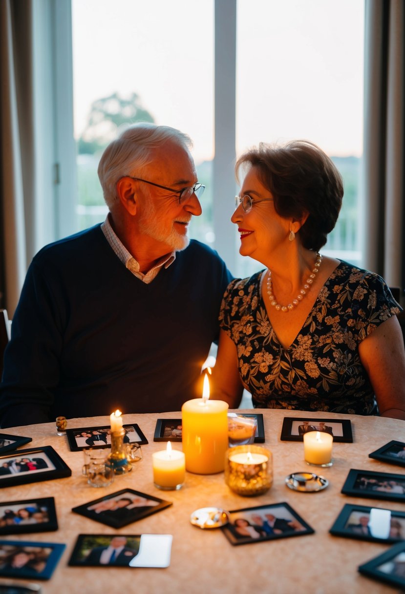 A couple sitting at a candlelit table, surrounded by photos and mementos from their 65 years together