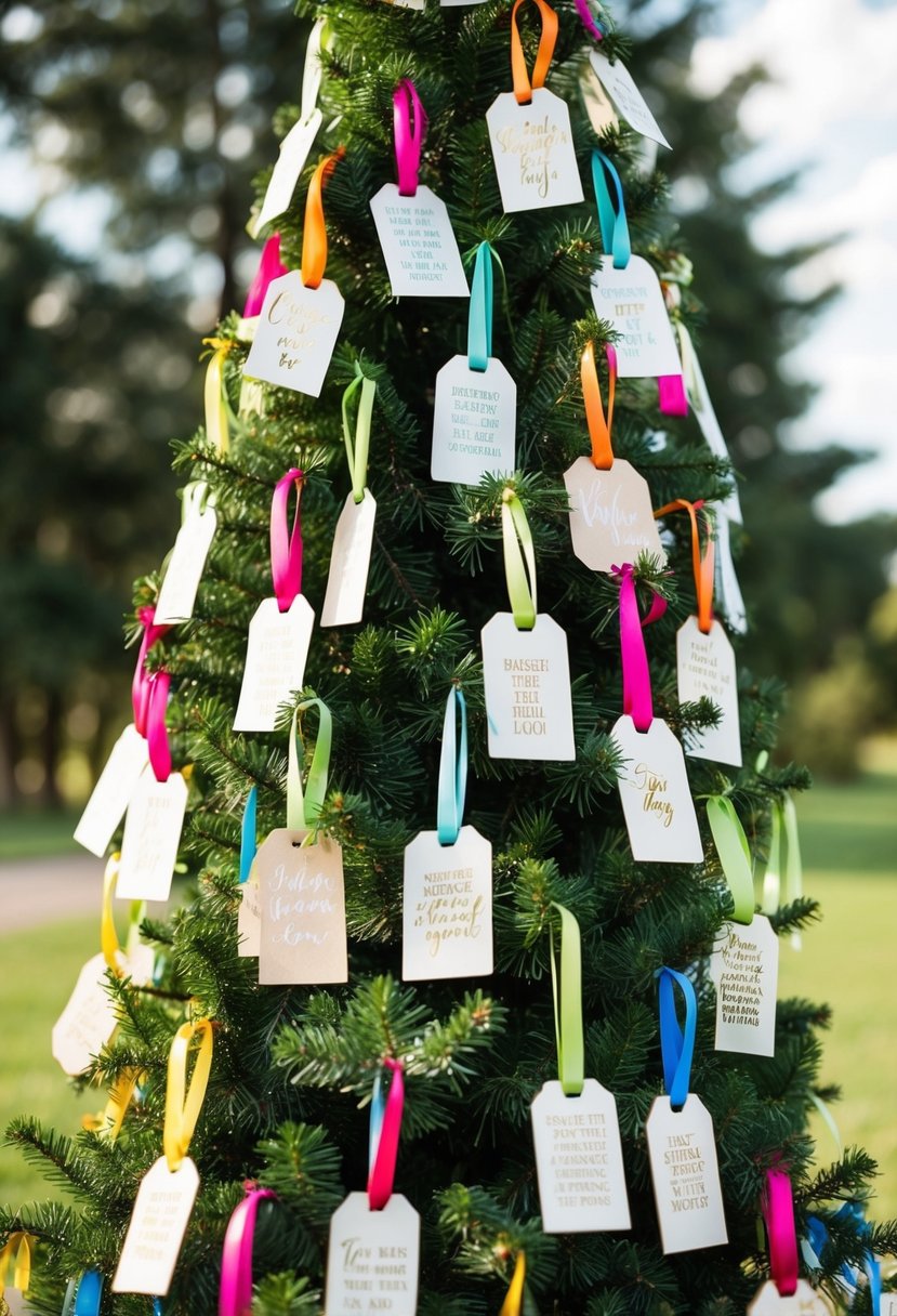 A tree adorned with colorful ribbons and tags, where guests hang their wishes for the bride and groom