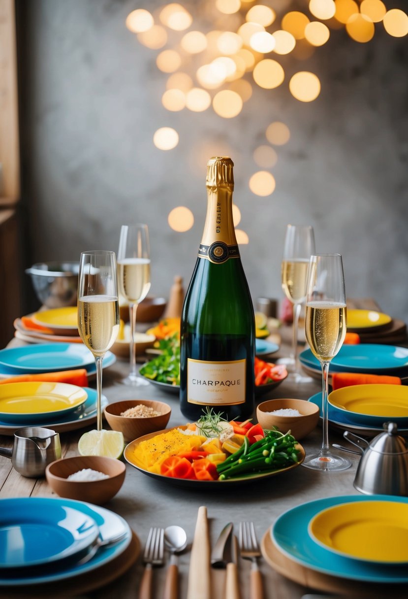 A beautifully set table with an array of colorful dishes and a bottle of champagne, surrounded by two sets of cooking utensils and ingredients