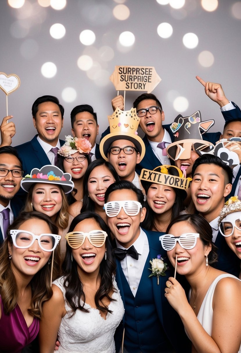 A photo booth filled with props representing the couple's story, surrounded by excited friends preparing for a surprise wedding celebration