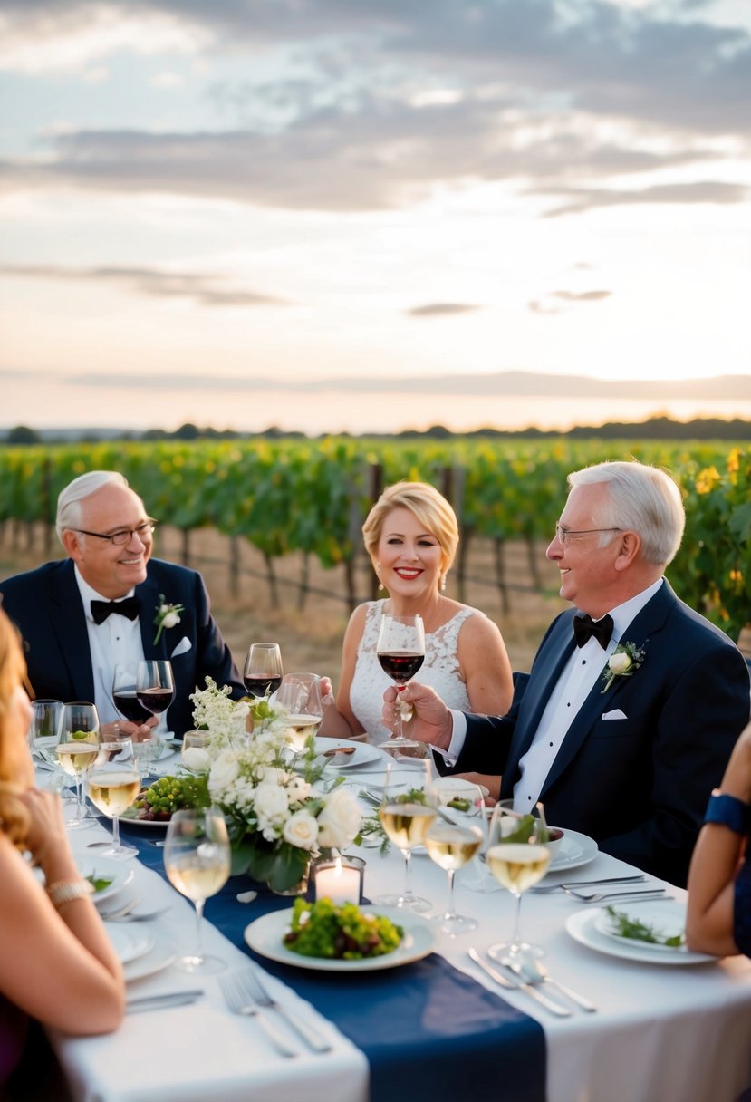 A couple enjoys a wine pairing dinner, surrounded by vineyards and elegant table settings, celebrating their 65th wedding anniversary