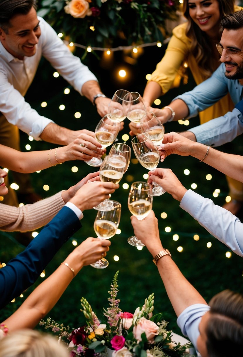 A circle of friends raises their glasses in a joyful toast, surrounded by twinkling lights and floral arrangements