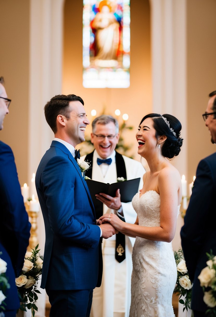 A couple standing at the altar, laughing as they exchange humorous wedding vows