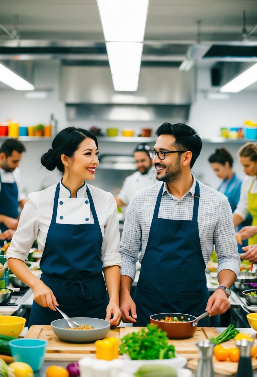 A couple stands side by side in a bustling cooking class, surrounded by colorful ingredients and utensils. The instructor demonstrates a recipe as the couple eagerly follows along