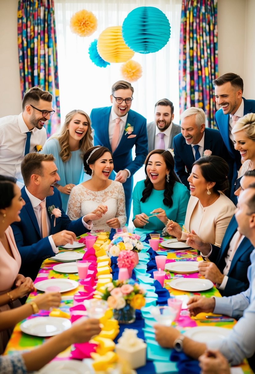 Guests gather around a table covered in colorful decorations, eagerly exchanging wedding surprise ideas for the bride and groom. Laughter and excitement fill the air as everyone eagerly plans the surprise party game