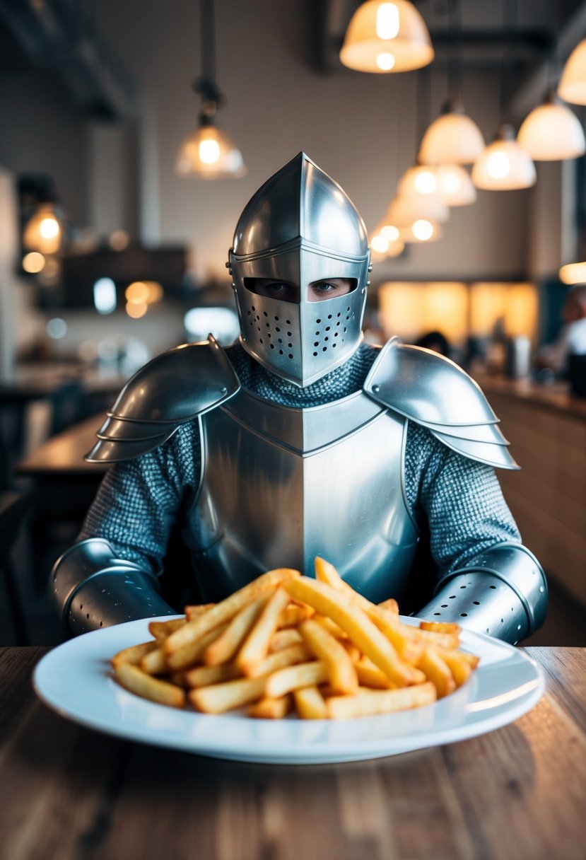 A knight in shining armor standing guard over a plate of fries with a solemn expression