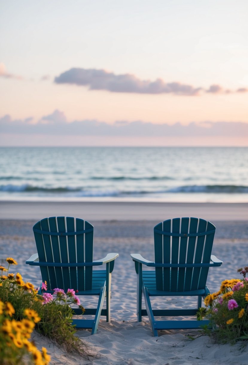 A serene beach at dawn, with two empty chairs facing the ocean, surrounded by colorful flowers and a gentle breeze