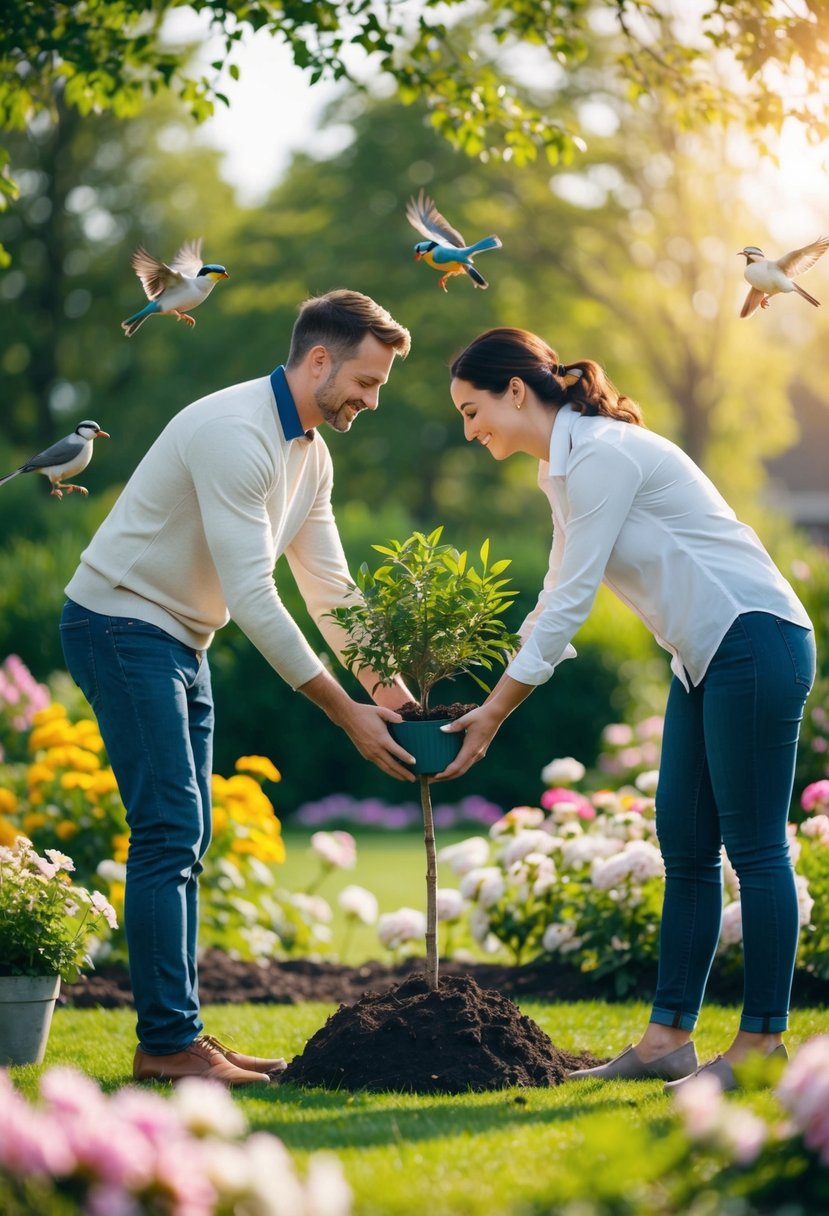 A couple plants a tree together in a lush garden, surrounded by blooming flowers and chirping birds, symbolizing their enduring love