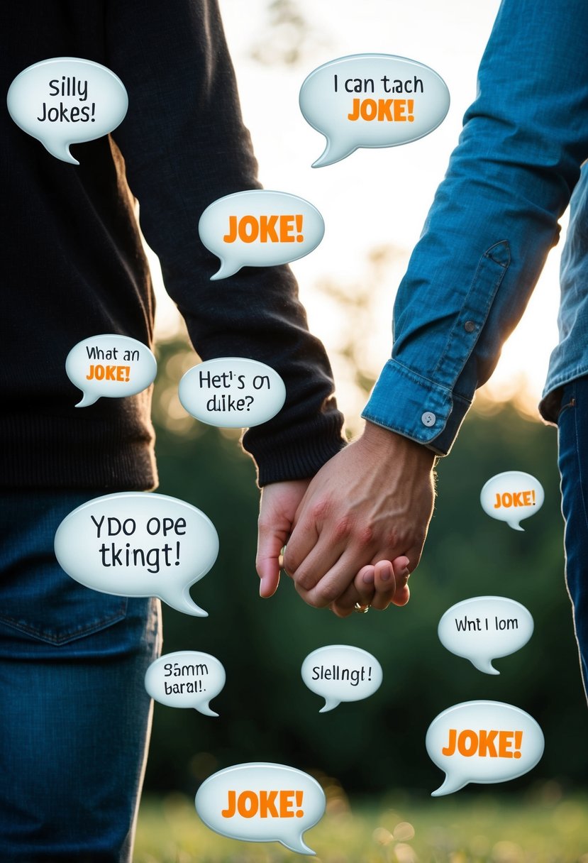 A couple holding hands, surrounded by floating speech bubbles with various silly jokes inside