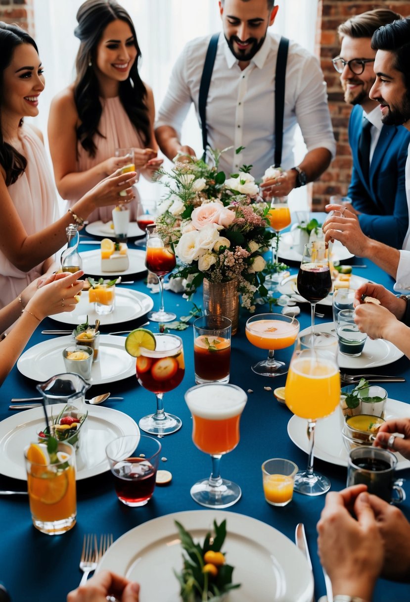 A table set with various cocktails and ingredients, surrounded by friends brainstorming creative wedding surprise ideas for the bride and groom