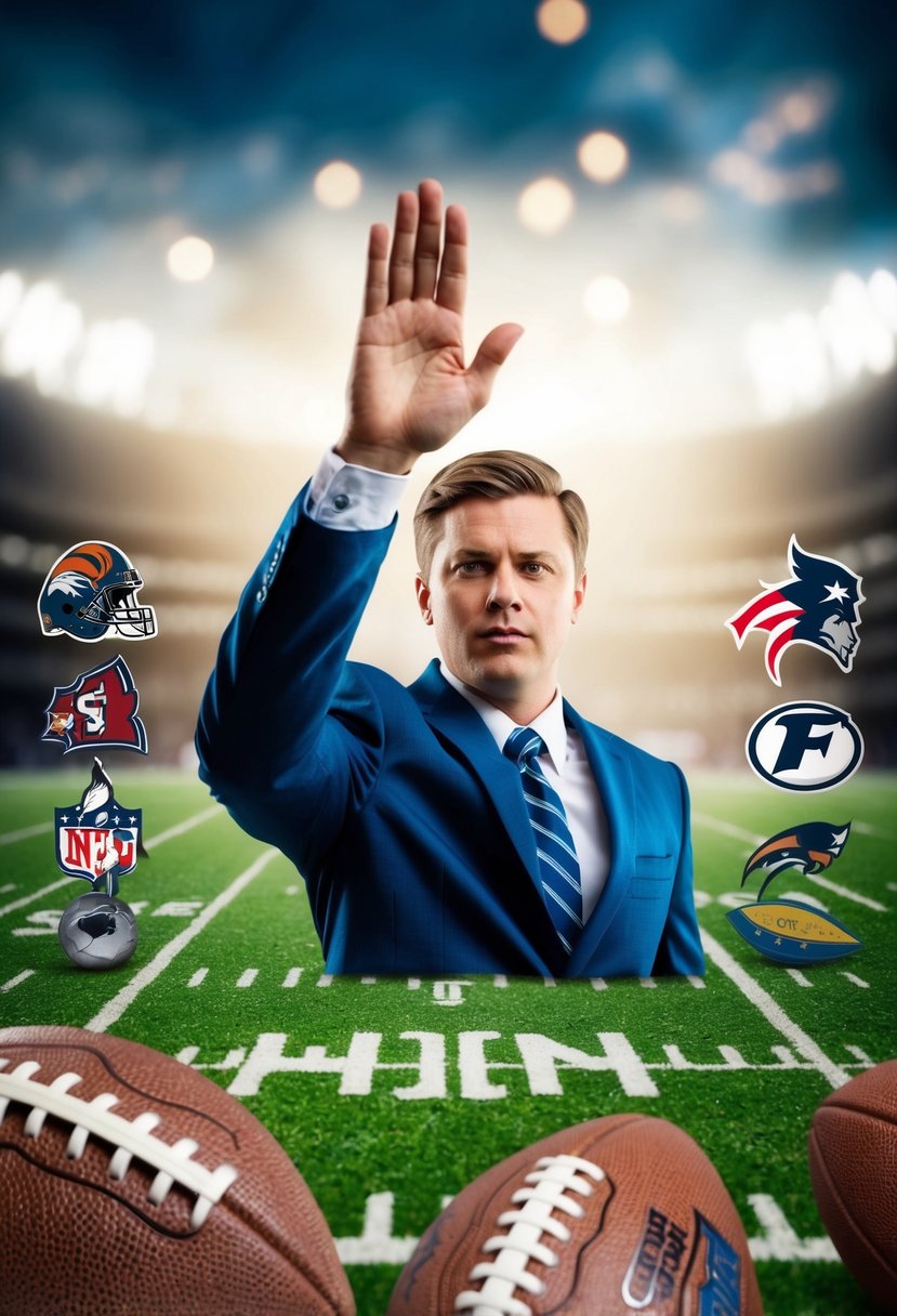 A person with a raised hand taking an oath, surrounded by fantasy football-related objects and symbols