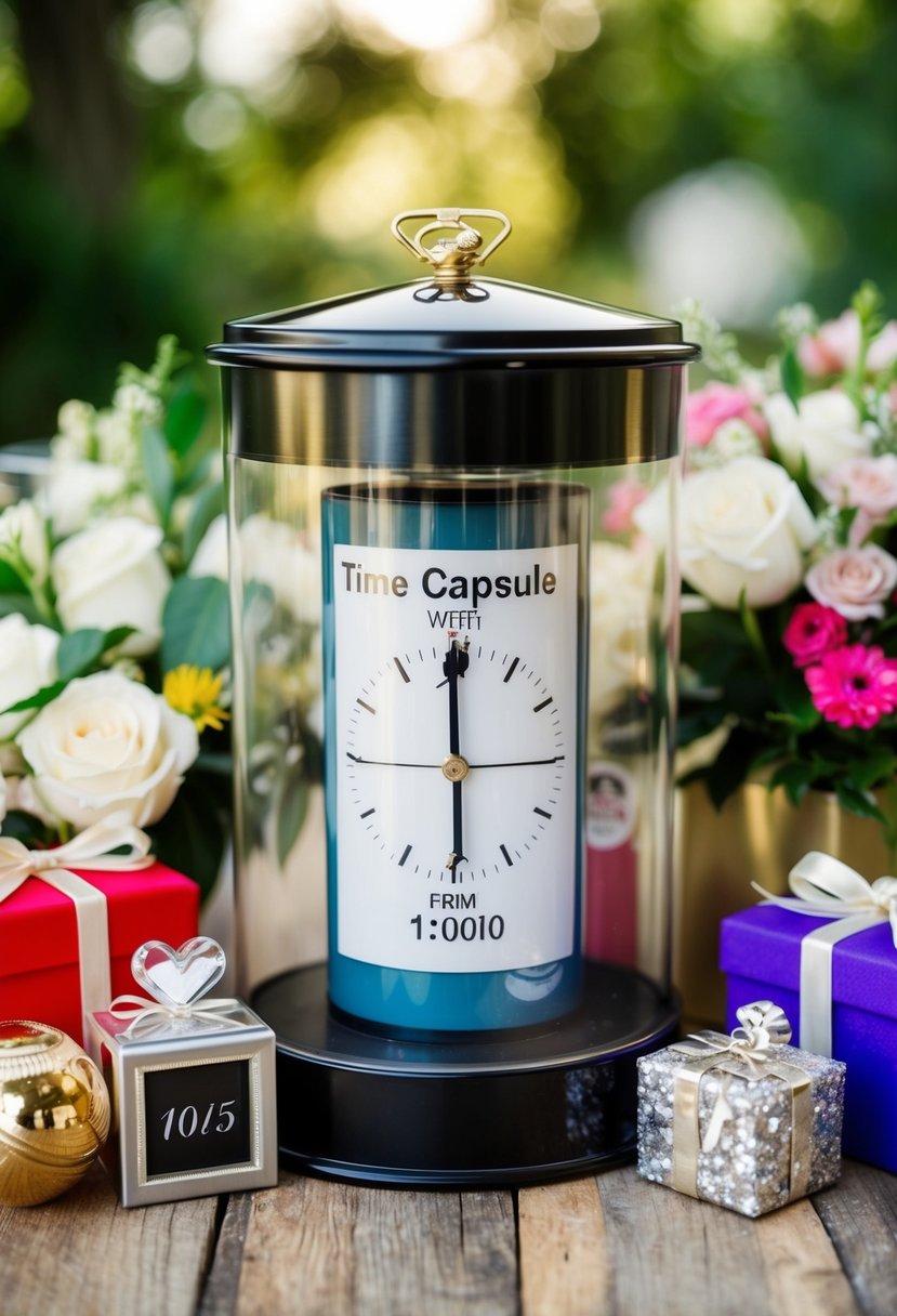 A time capsule surrounded by wedding-themed mementos and gifts from friends