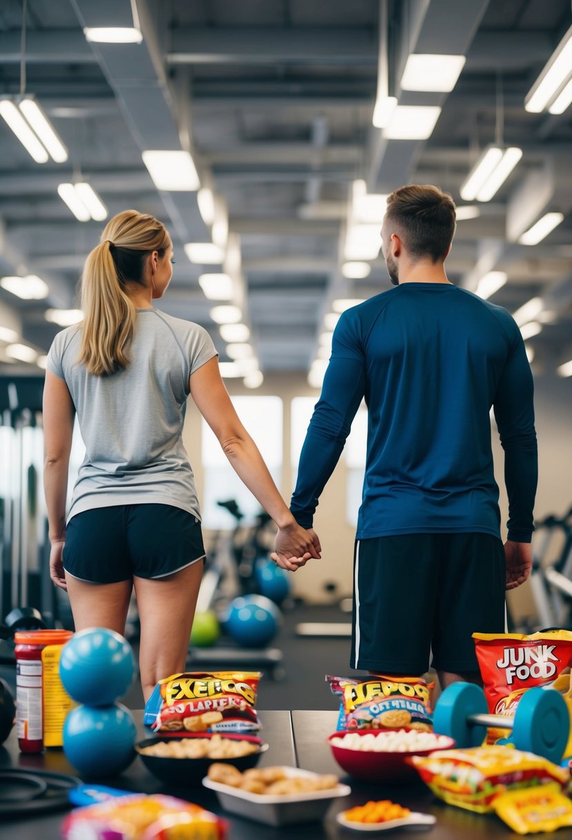 A couple standing back to back, holding hands, surrounded by exercise equipment and junk food