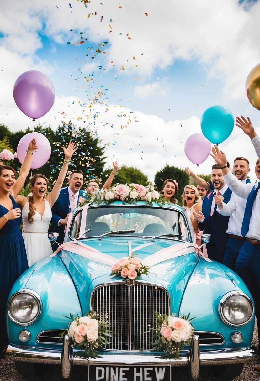 A vintage car adorned with ribbons and flowers, surrounded by excited friends with balloons and confetti, ready to surprise the bride and groom