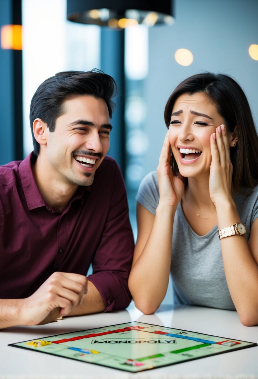 A couple playing Monopoly, one grinning while the other looks exasperated