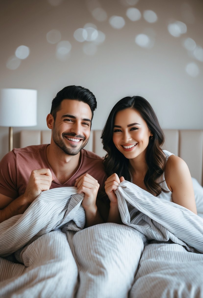 A couple in bed, one playfully pulling the covers while the other smiles