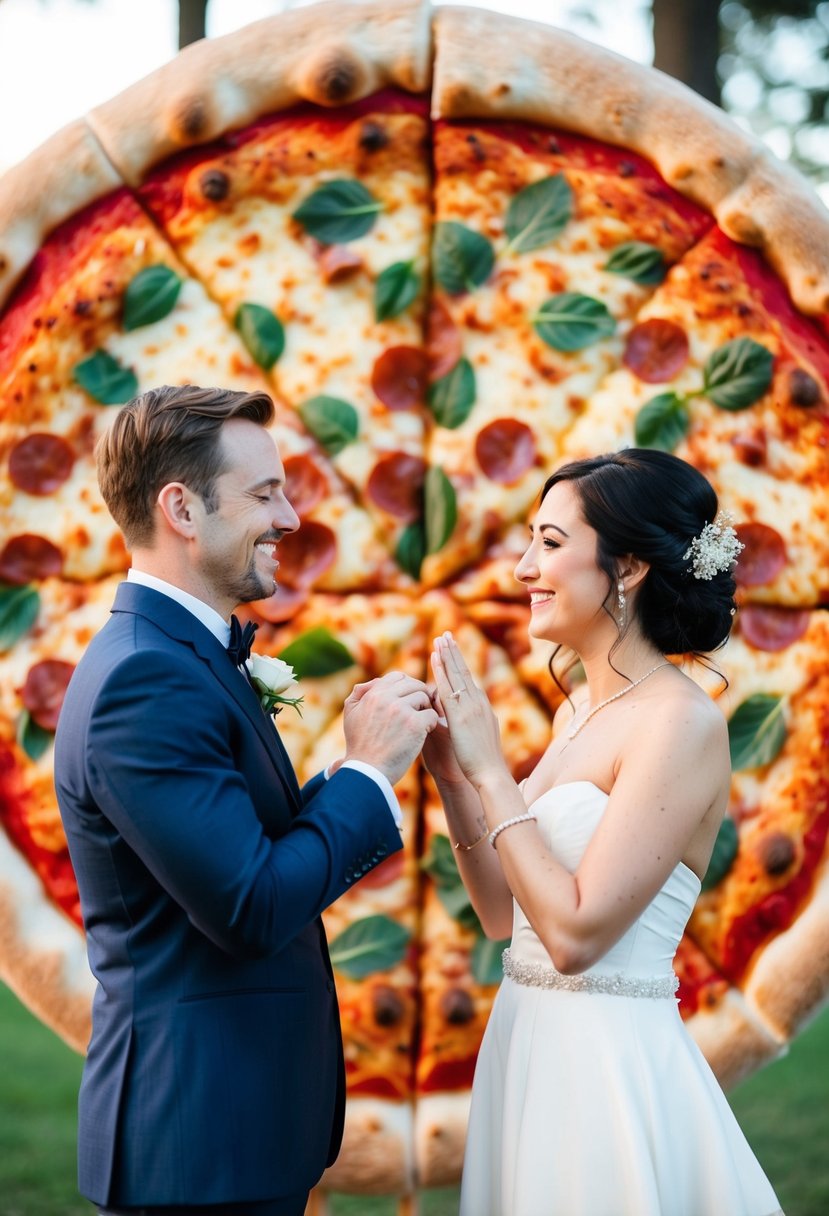 A couple exchanging vows with a giant pizza as the backdrop