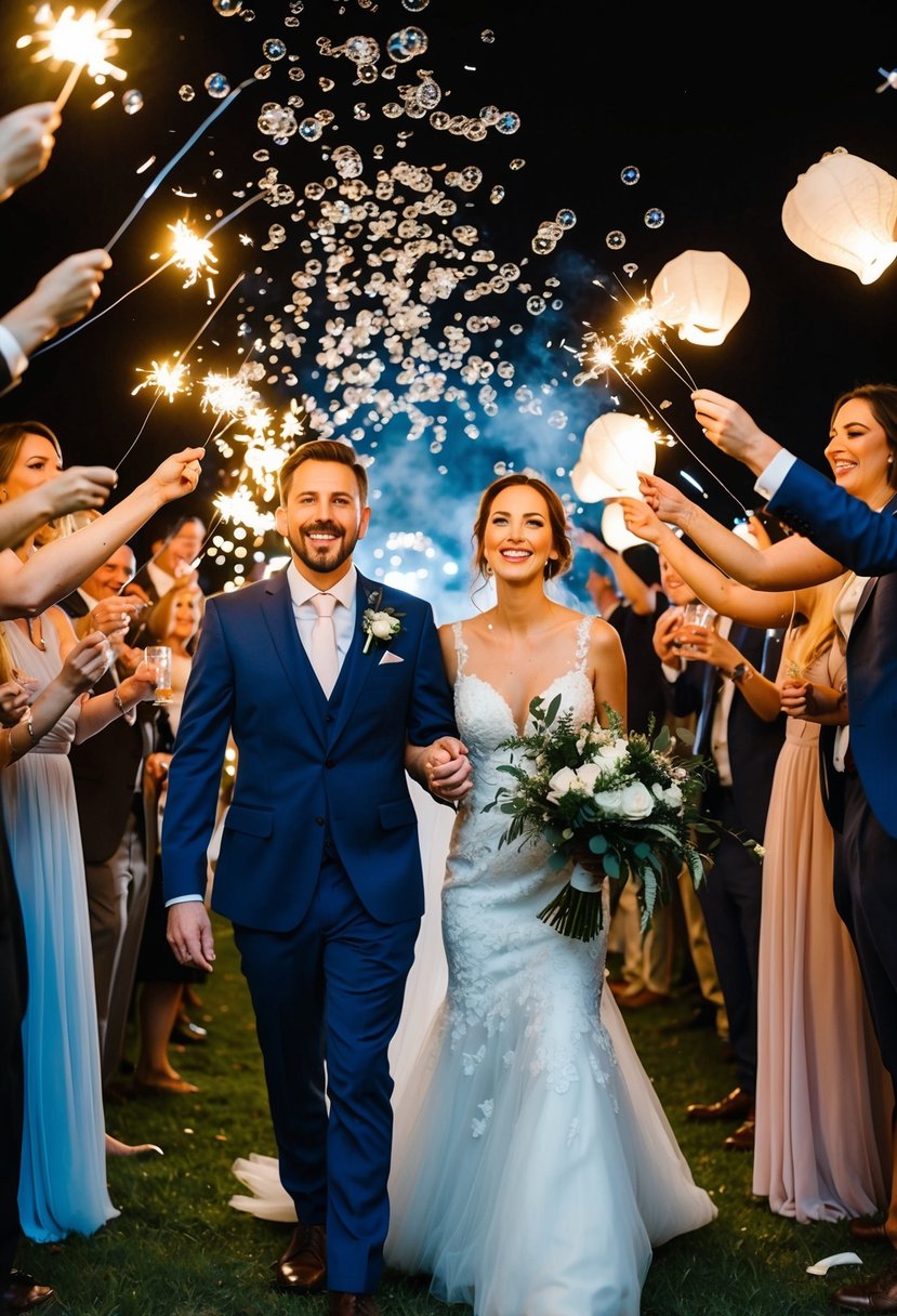 A couple exits a wedding surrounded by guests holding biodegradable confetti and blowing bubbles, as lanterns and sparklers light up the night sky