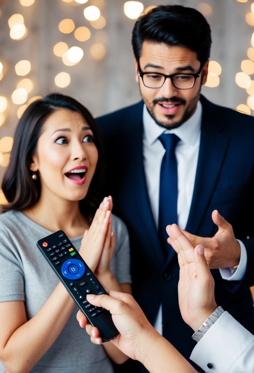 A couple holding a TV remote, with one person making a solemn vow while the other looks surprised and amused