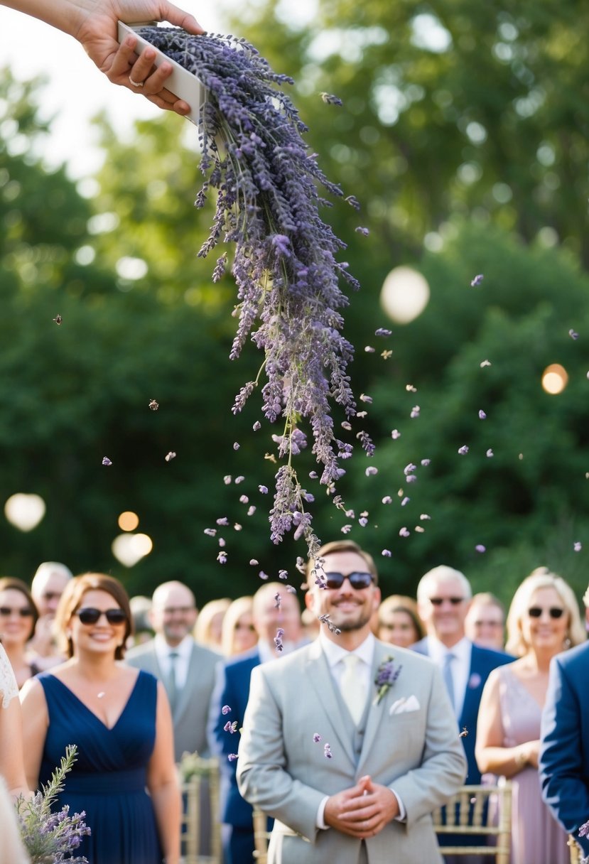 Lavender buds tossed in the air at an eco-friendly wedding send-off