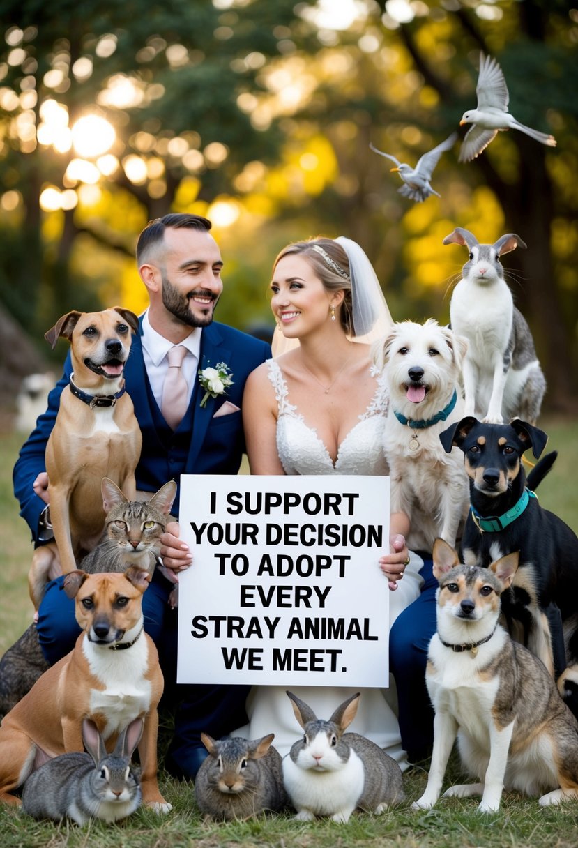 A couple surrounded by a variety of stray animals, from dogs and cats to rabbits and birds, with the bride holding a sign that reads "I support your decision to adopt every stray animal we meet."