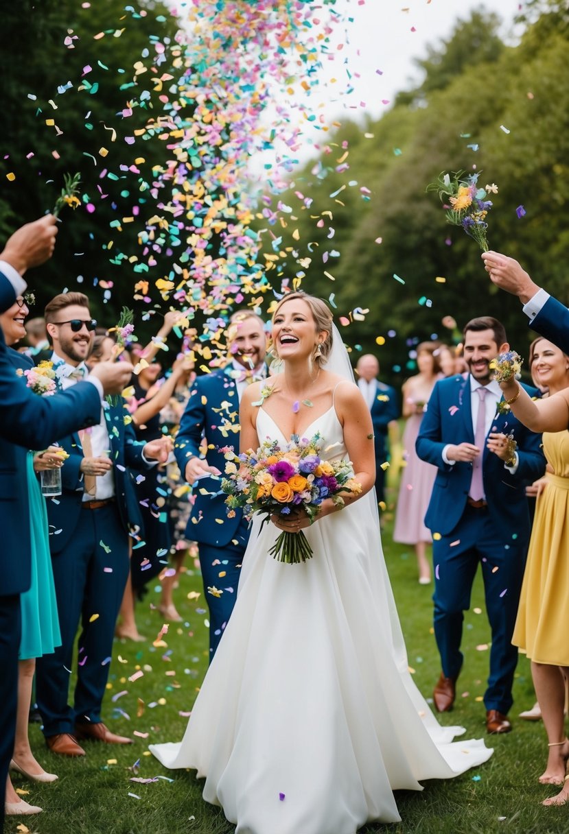 Colorful biodegradable confetti rains down in a joyous eco-friendly wedding send-off, creating a vibrant and sustainable celebration