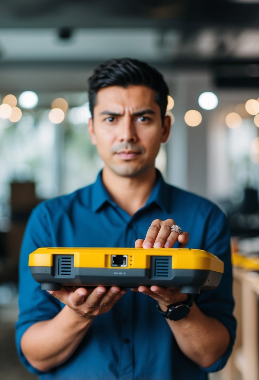 A person holding a router in one hand, and a wedding ring in the other, with a determined expression on their face