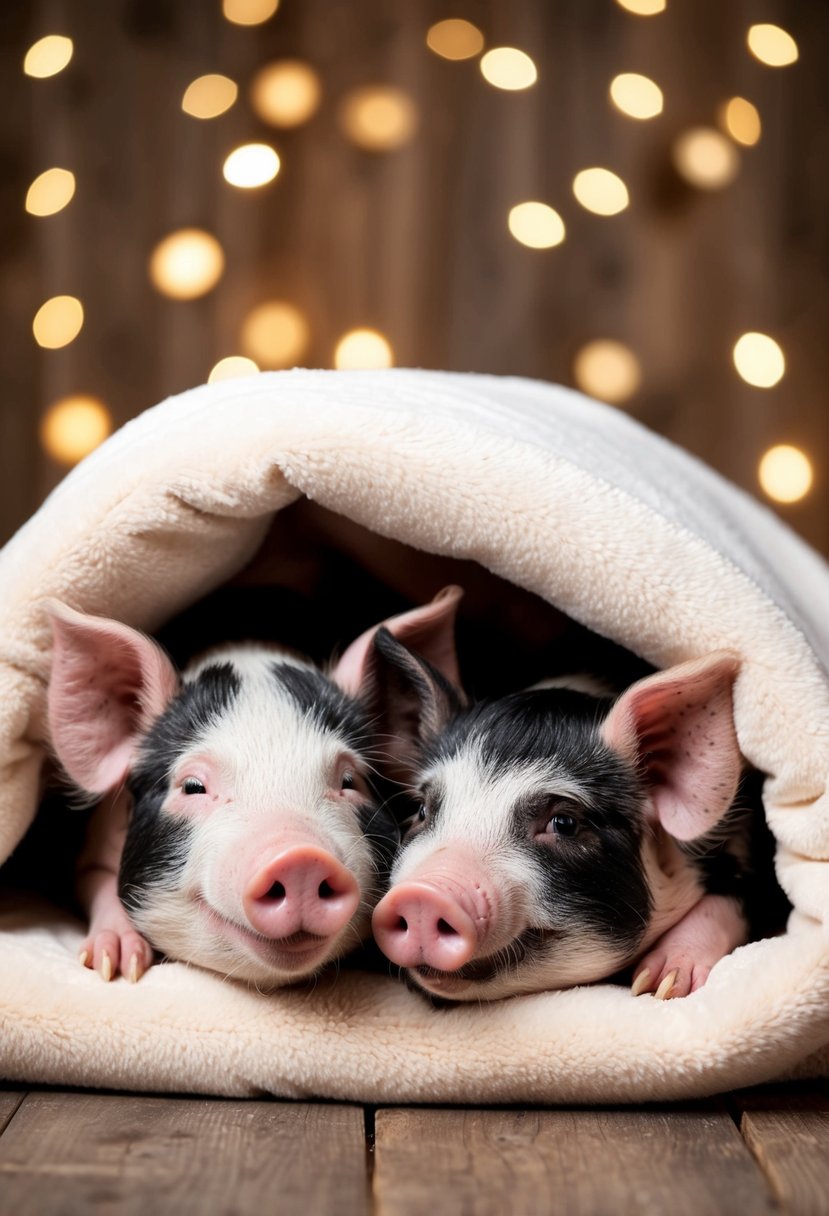 A comical wedding vow scene: Two pigs snuggled under a cozy blanket, one playfully tugging it towards themselves