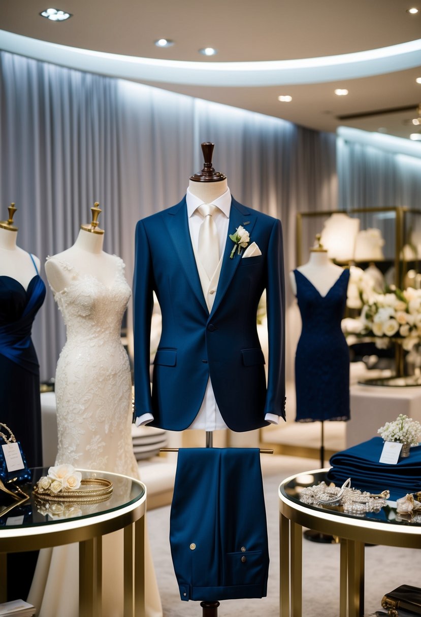 An elegant Italian wedding suit displayed on a mannequin, surrounded by luxurious fabrics and accessories in a high-end boutique