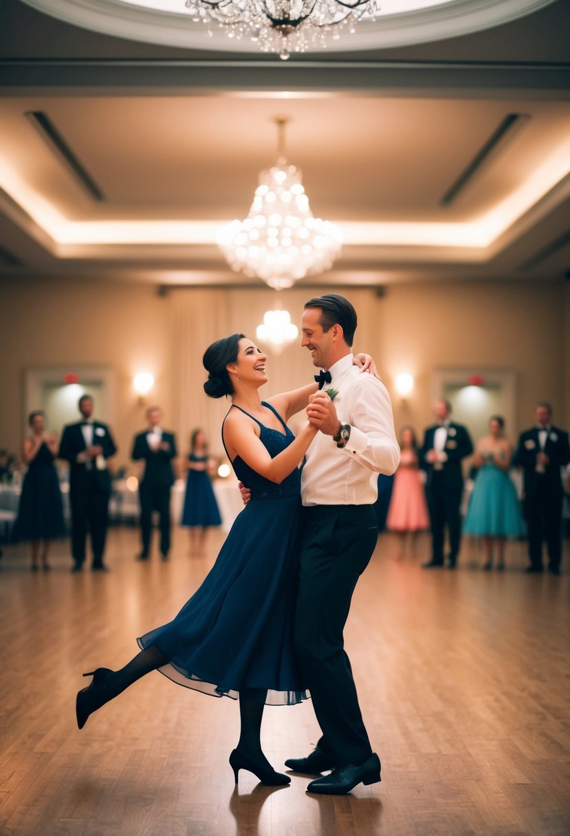 A couple joyfully dancing in an empty ballroom, surrounded by invisible onlookers