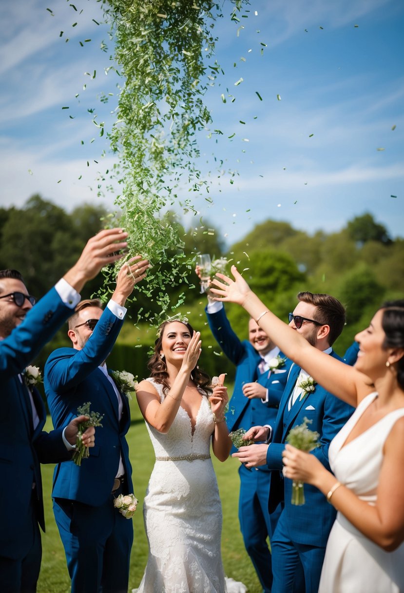 A group of wedding guests toss eco-friendly herbal shower confetti in the air, creating a colorful and fragrant send-off for the newlyweds