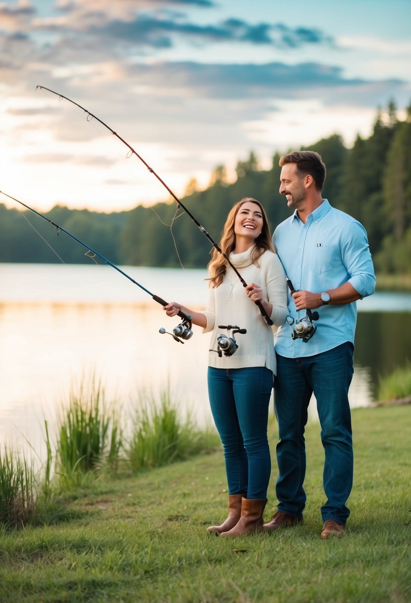 A couple standing by a serene lake, holding fishing rods and laughing together