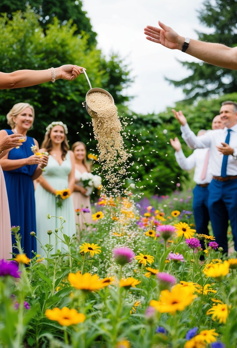 A lush garden with colorful wildflowers, where guests toss biodegradable birdseed for an eco-friendly wedding send-off