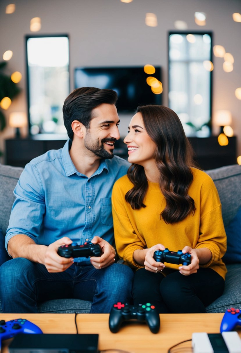 A couple sitting on a couch, surrounded by video game controllers and consoles, with a playful and affectionate expression on their faces