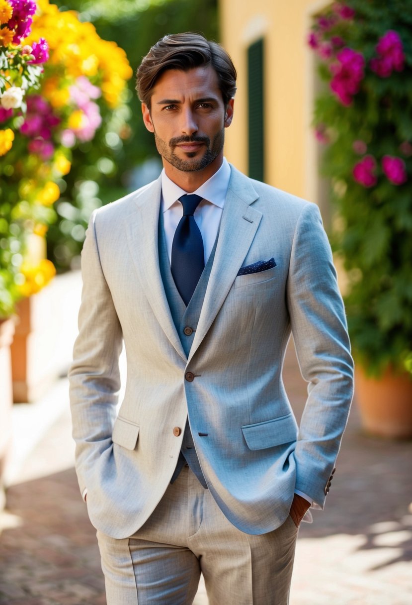 A man's lightweight linen suit in a classic Italian setting, with vibrant flowers and a sunny, romantic ambiance