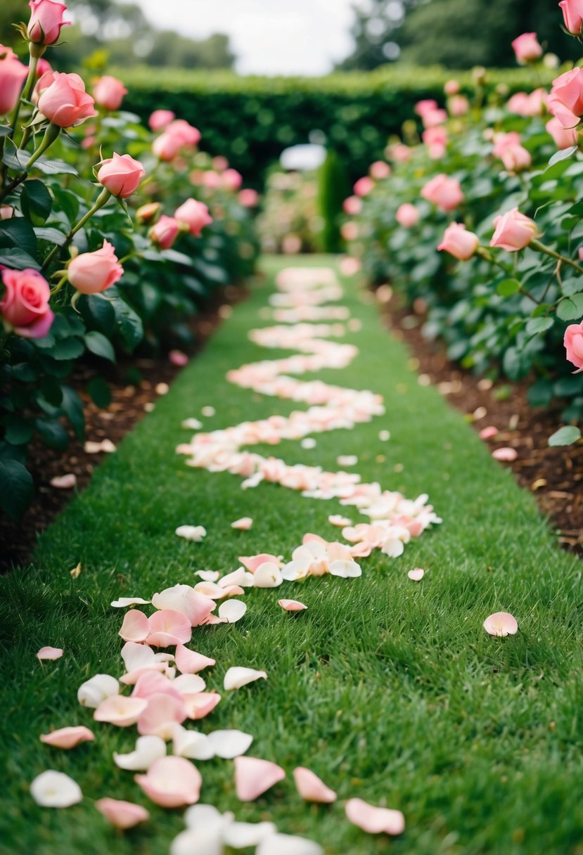 A winding path of rose petals leads through a lush garden, creating a romantic and eco-friendly wedding send-off