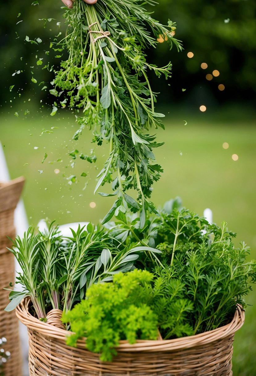 Lush green herbs tumble from woven baskets, ready to be tossed in celebration at an eco-friendly wedding send-off