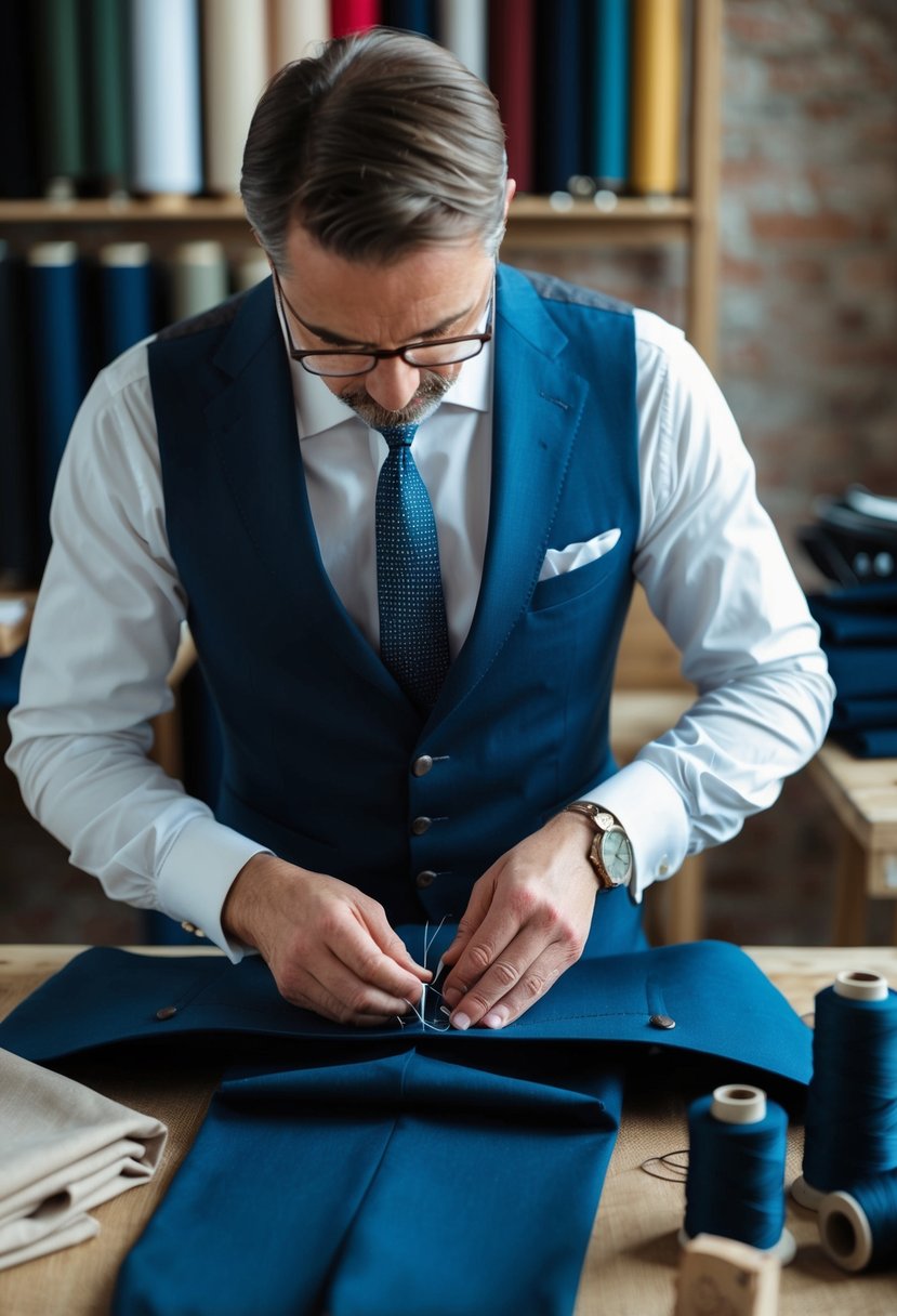 A tailor meticulously hand-stitches a full-canvas Italian suit, surrounded by bolts of fine fabric and spools of thread