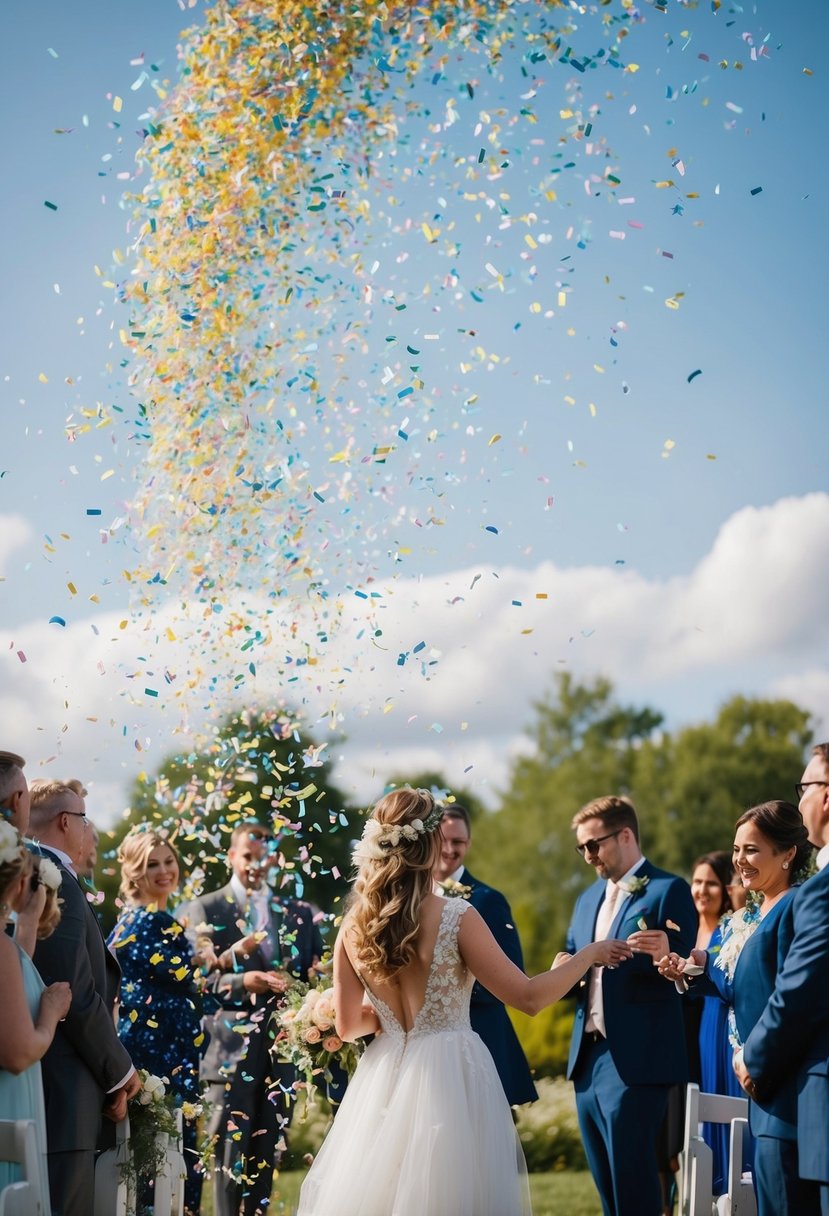 Colorful dissolvable confetti swirls in the air, creating a magical and eco-friendly wedding send-off. The confetti slowly dissolves, leaving no trace behind