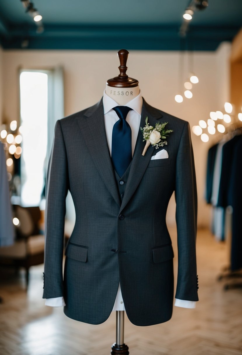 A dark grey fresco fabric suit hangs on a tailor's mannequin, ready for an Italian wedding