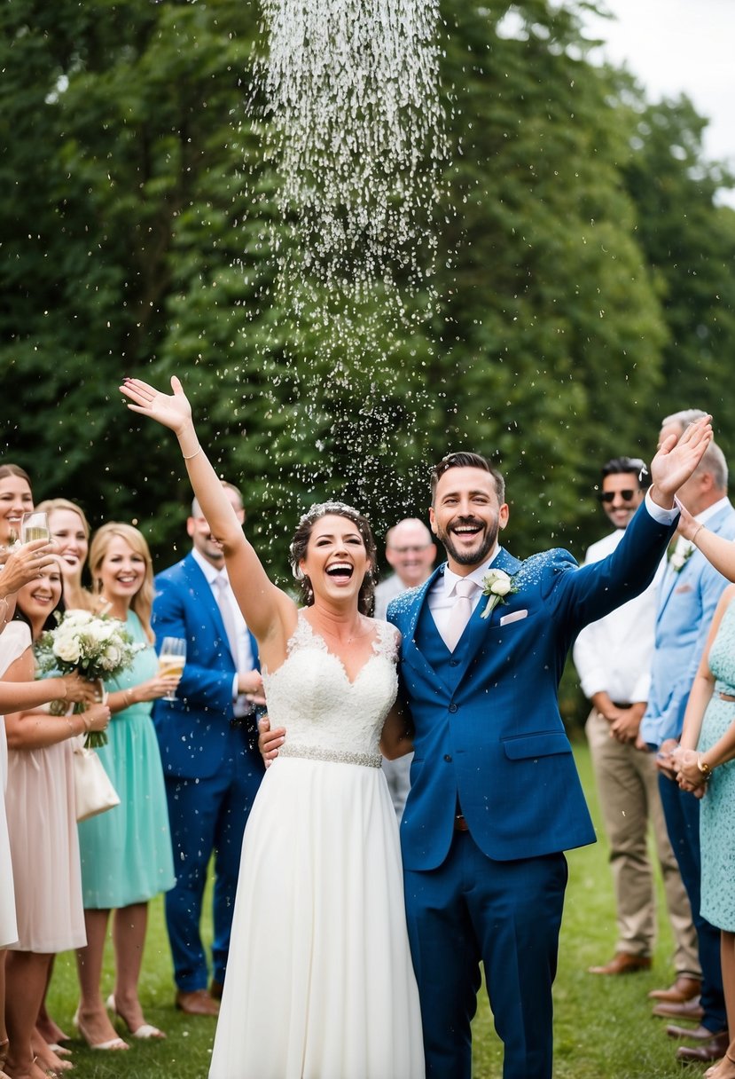 A joyful couple stands beneath a shower of rice, surrounded by smiling guests. The rice falls gently, creating a beautiful and eco-friendly wedding send-off