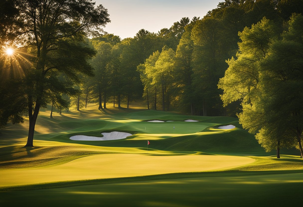 A rolling green golf course nestled among trees under a bright blue sky, with golfers enjoying the affordable public course near Janesville, Wisconsin