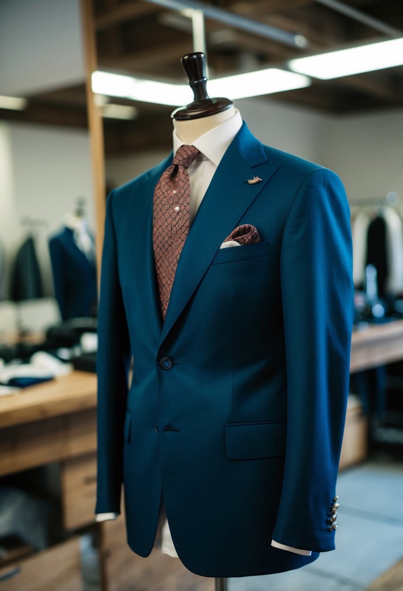 A custom Italian suit draped over a tailor's form, showcasing intricate Milanese buttonholes