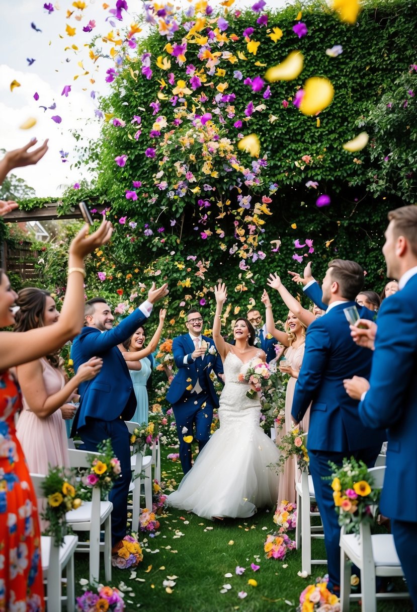 A lush garden bursting with colorful flowers, petals swirling in the air as guests joyfully toss them in celebration