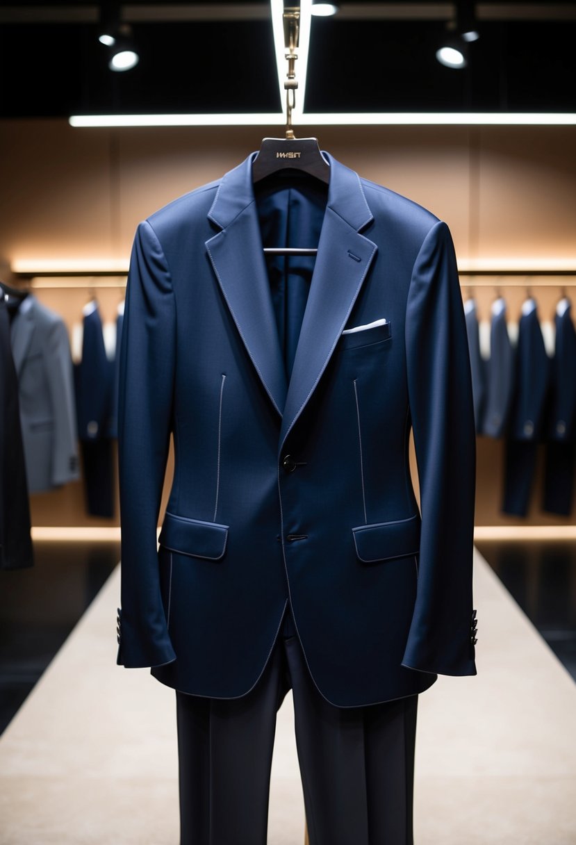 A sleek, tailored suit hangs on a hanger, with a fitted blazer and snug-fitting trousers. Rich, luxurious fabric and impeccable stitching suggest high-quality Italian craftsmanship