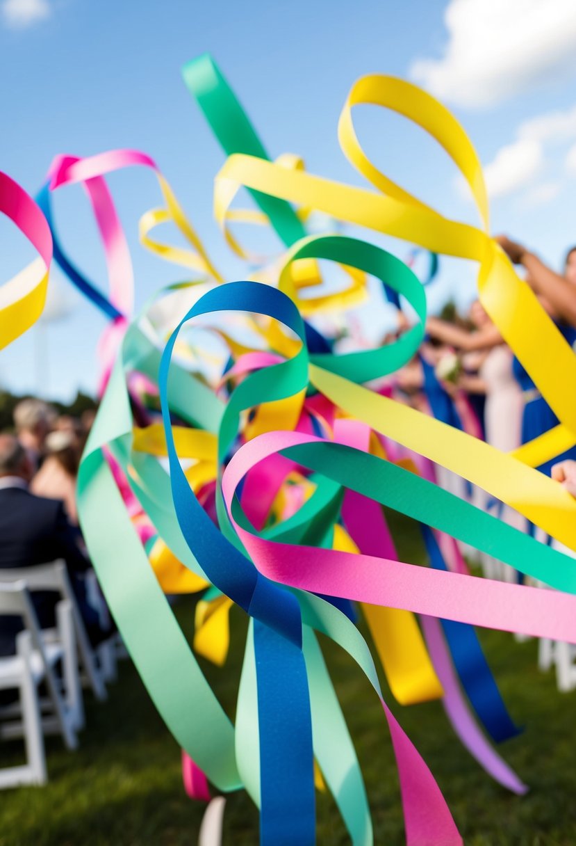 A group of colorful eco-friendly paper ribbons swirling through the air at a wedding send-off, creating a vibrant and sustainable celebration