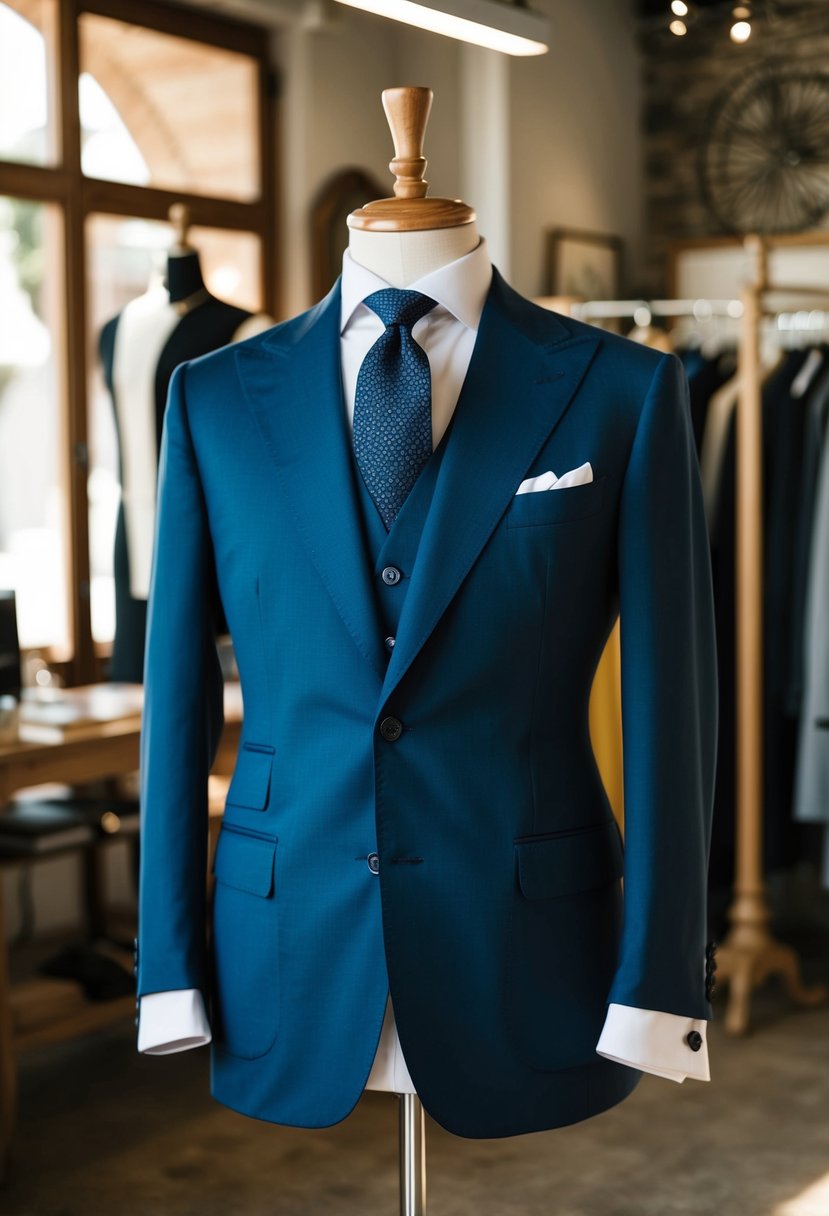 A traditional Italian morning suit displayed on a mannequin in a sunlit atelier